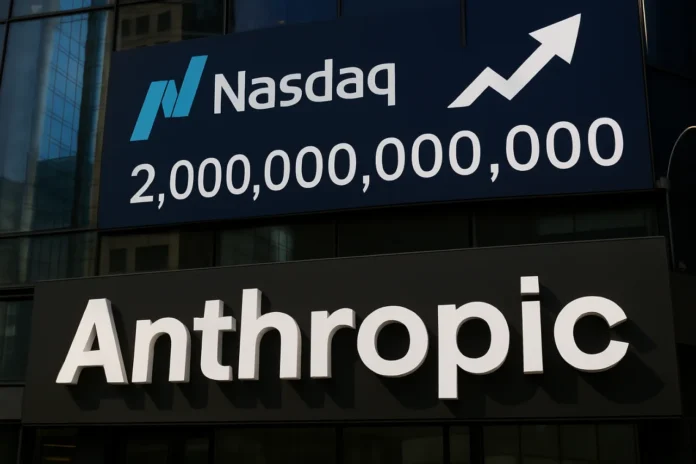 Anthropic IPO 2026: The $2 Trillion Question Before October Anthropic IPO 2026: stock listing chart with AI technology and Nasdaq tower blue
