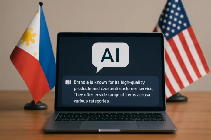 Filipino Brands Are Twice as Visible in AI Answers as US Rivals — but Almost None of Them Own the Source AI visibility in the Philippines: glowing chat interface recommending brand logos