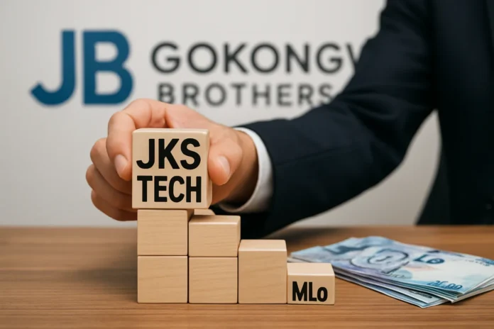 JKS Tech PhilWeb deal: handshake over rising stock chart with gaming tech icons
