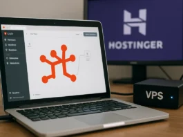 n8n on Hostinger VPS setup guide illustration with workflow nodes and server