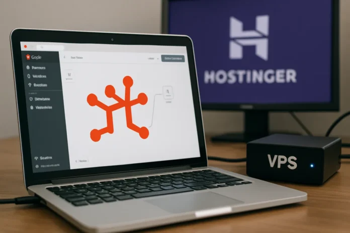 n8n on Hostinger VPS setup guide illustration with workflow nodes and server