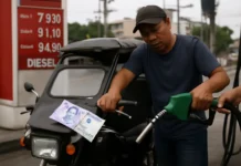 Your Tricycle Felt It First: Fuel Jumps by the Most Since the War Began as Oil Crosses $100 and the Peso Sinks Oil price peso squeeze: fuel pump nozzle with rising barrel chart and peso note