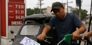Your Tricycle Felt It First: Fuel Jumps by the Most Since the War Began as Oil Crosses $100 and the Peso Sinks Oil price peso squeeze: fuel pump nozzle with rising barrel chart and peso note