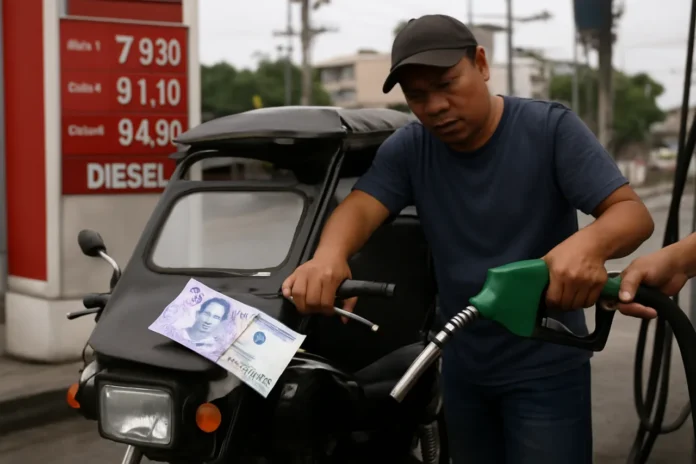 Your Tricycle Felt It First: Fuel Jumps by the Most Since the War Began as Oil Crosses $100 and the Peso Sinks Oil price peso squeeze: fuel pump nozzle with rising barrel chart and peso note
