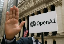 OpenAI IPO delay concept illustration with stock ticker and pause symbol