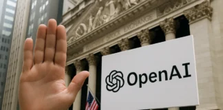 OpenAI IPO delay concept illustration with stock ticker and pause symbol