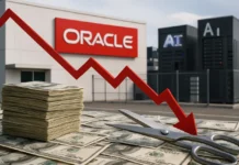 Oracle restructuring AI capex concept illustration with server racks and headcount chart