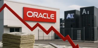 Oracle restructuring AI capex concept illustration with server racks and headcount chart