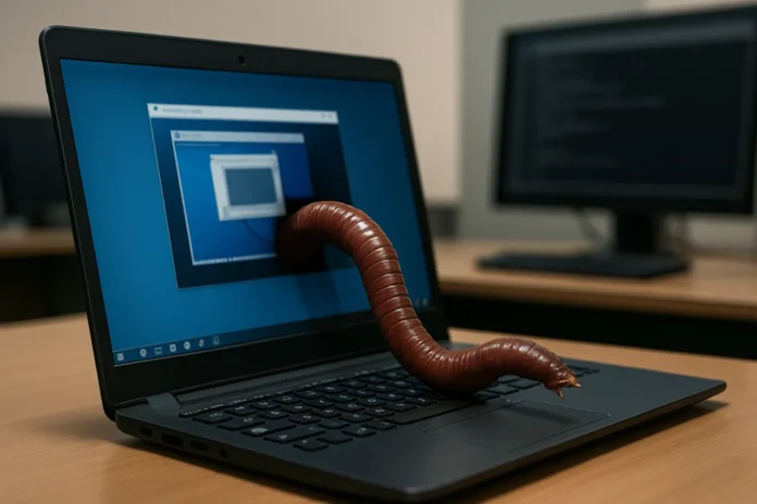 ScreenConnect vulnerability worm attack concept: padlocked remote access screen with warning trail