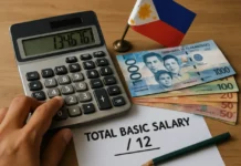 13th month pay computation — a Filipino employee computing December basic salary division with a calculator and payslips