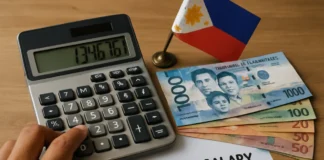 13th month pay computation — a Filipino employee computing December basic salary division with a calculator and payslips