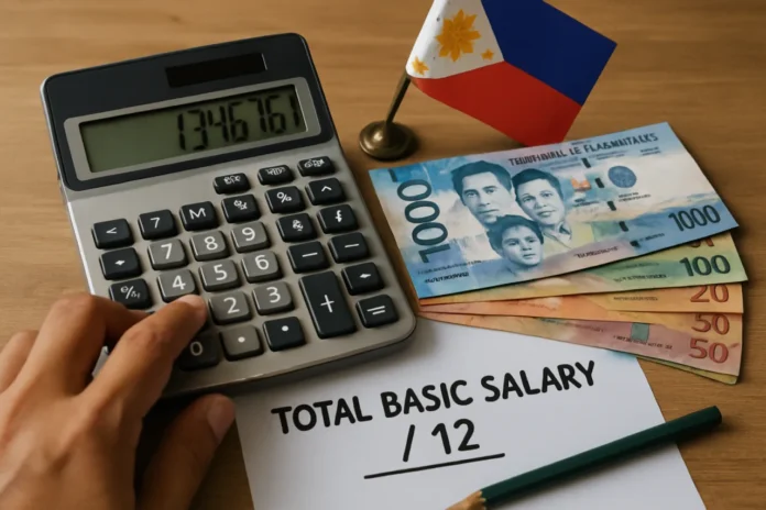 13th month pay computation — a Filipino employee computing December basic salary division with a calculator and payslips