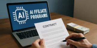 AI affiliate programs: creator reading recurring commission terms on a laptop