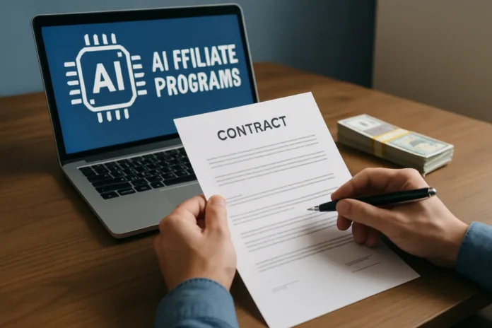 AI affiliate programs: creator reading recurring commission terms on a laptop