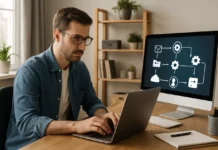 AI automation agency: a solo operator connecting workflow apps on a laptop dashboard