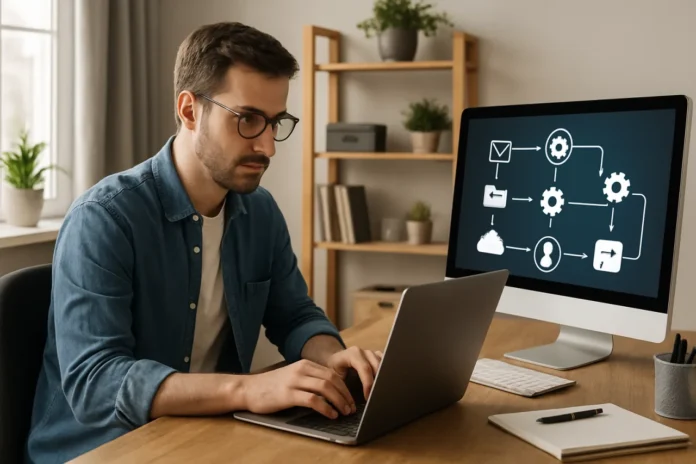 AI Automation Agency: The Solo Operator Route From Niche to Retainer AI automation agency: a solo operator connecting workflow apps on a laptop dashboard
