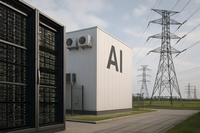 AI data center power: substation transformers feeding an AI data center campus