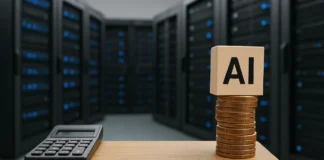 AI inference cost: GPU server racks processing token streams with pricing meters