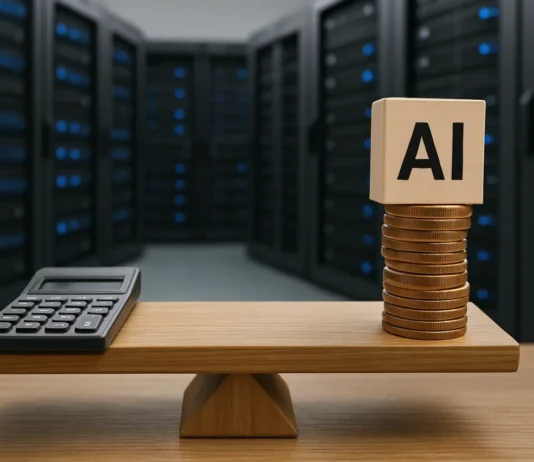 AI inference cost: GPU server racks processing token streams with pricing meters