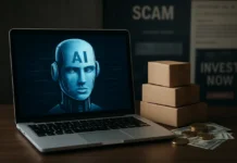 AI scam economy showing a modular fraud network of fake sites, stolen data and digital payment rails