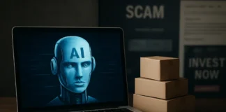 AI scam economy showing a modular fraud network of fake sites, stolen data and digital payment rails