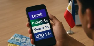 Best digital bank Philippines 2026 — peso notes and a phone comparing savings interest rates across licensed digital banks