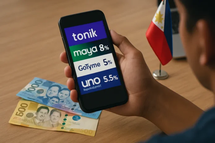 Best Digital Bank Philippines 2026: Rates Compared After Tax Best digital bank Philippines 2026 — peso notes and a phone comparing savings interest rates across licensed digital banks