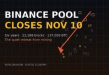 Binance Shuts Its 6-Year Mining Pool: the Quiet Retreat From Mining Mining pool shutdown artwork: hash blocks falling along a red down-arrow as Binance Pool closes on Nov 10 after six years.