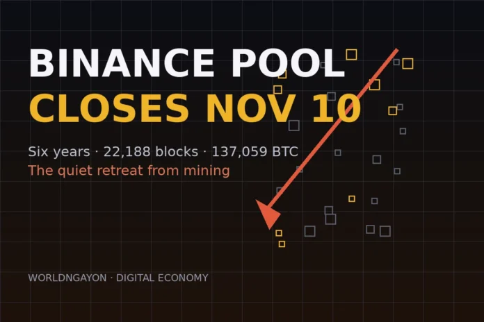 binance Mining pool shutdown artwork: hash blocks falling along a red down-arrow as Binance Pool closes on Nov 10 after six years.