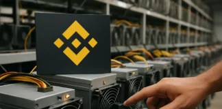 Binance mining pool shutdown — idle ASIC miners and the Binance logo in a dark data hall