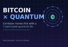 Bitcoin Quantum Warning: Coinbase Moves First With a 7-Point Fix Bitcoin quantum illustration: an orbit-and-lock motif marking Coinbase's 7-point plan to move Bitcoin to post-quantum signatures before a quantum computer arrives.