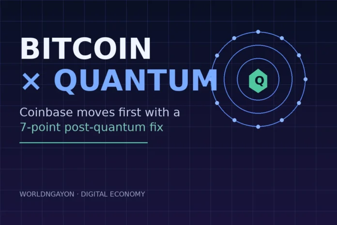 bitcoin Bitcoin quantum illustration: an orbit-and-lock motif marking Coinbase's 7-point plan to move Bitcoin to post-quantum signatures before a quantum computer arrives.