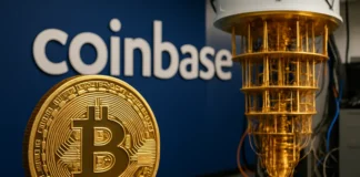 Bitcoin quantum warning — glowing quantum computer chip beside the Bitcoin logo and a Coinbase security page