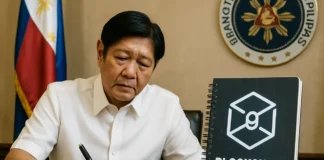 Blockchain government spending — DBM COMPASS ledger concept with a secure government building and a glowing blockchain chain over Philippine budget pages