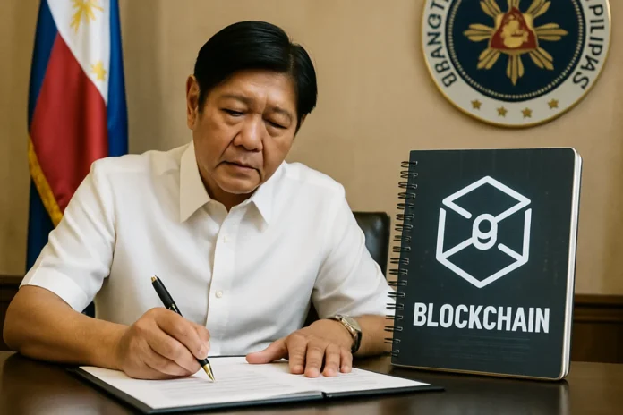 Blockchain Government Spending: Marcos EO 126 institutionalizes DBM COMPASS ledger Blockchain government spending — DBM COMPASS ledger concept with a secure government building and a glowing blockchain chain over Philippine budget pages
