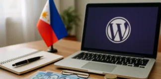 Cost to start a blog Philippines — peso bills, calculator and a laptop showing a WordPress dashboard for a budget guide