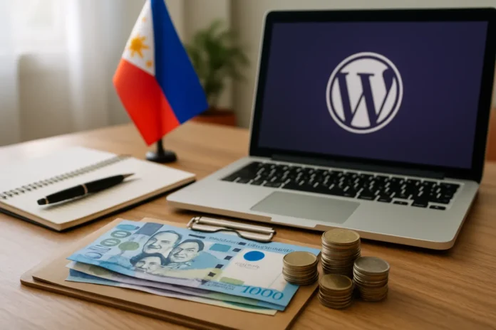 How Much Does It Cost to Start a Blog in the Philippines? The 2026 Peso Guide Cost to start a blog Philippines — peso bills, calculator and a laptop showing a WordPress dashboard for a budget guide