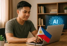 A Practical Blogging Model for Filipinos in the AI Era Blogging model for the AI era — a Filipino publisher assembling a five-layer content workflow diagram on screen