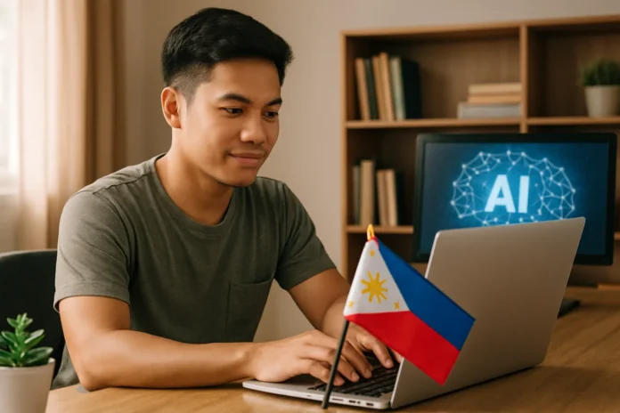 A Practical Blogging Model for Filipinos in the AI Era Blogging model for the AI era — a Filipino publisher assembling a five-layer content workflow diagram on screen