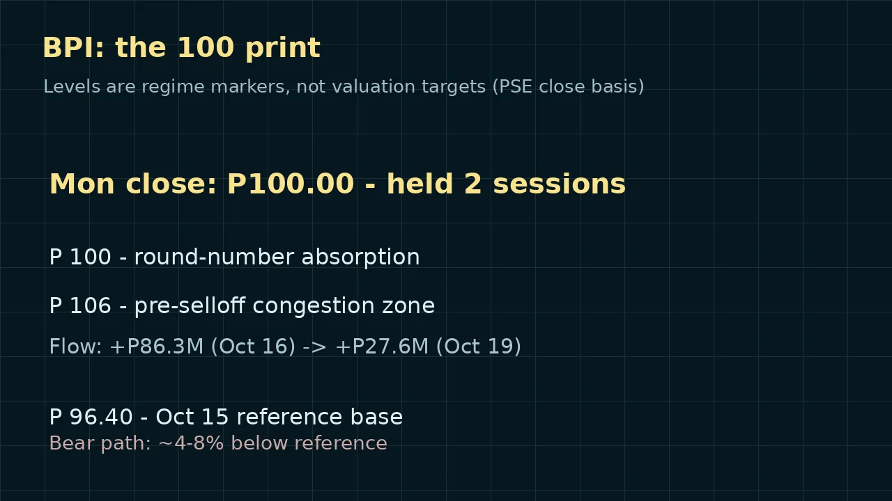 Smart Money Desk edition 1 evidence chart: BPI hundred peso round number hold with regime markers at 106, 100 and 96.40, plus foreign flow figures from PSE reports.