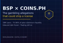 BSP vs Coins.ph: the Gambling Allegations That Could Strip a License Coins.ph regulation graphic: BSP seal and gold shield over blue-and-red Philippine bars, framing the gambling allegations that could strip the exchange's license.