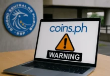 BSP Puts Coins.ph License on Watch: 18M Users, Gambling Allegations BSP Coins.ph license watch — Bangko Sentral ng Pilipinas facade with a smartphone showing the Coins.ph app