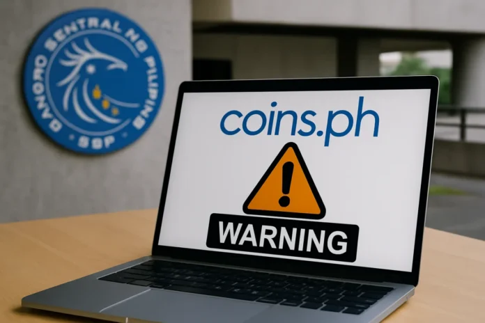 BSP Puts Coins.ph License on Watch: 18M Users, Gambling Allegations BSP Coins.ph license watch — Bangko Sentral ng Pilipinas facade with a smartphone showing the Coins.ph app