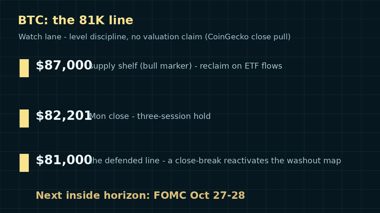 Smart Money Desk edition 1 watch board: Bitcoin defended 81,000 dollar line with 87,000 dollar supply shelf and 82,201 Monday close, FOMC October 27 to 28 inside the horizon.
