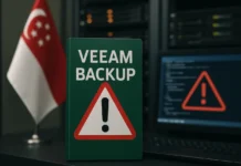 Photorealistic view of a locked-down backup server room — the critical Veeam backup flaw Singapore's CSA warned about