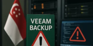 Photorealistic view of a locked-down backup server room — the critical Veeam backup flaw Singapore's CSA warned about