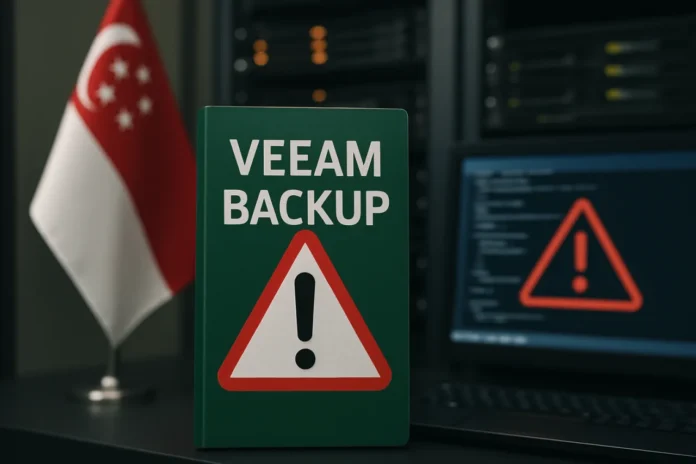 Singapore Warns of Critical Veeam Backup Flaw: Patch These Versions Photorealistic view of a locked-down backup server room — the critical Veeam backup flaw Singapore's CSA warned about