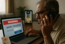 How Digital Arrest Scammers Turn Aadhaar Panic Into a Bank Transfer A worried elderly man on a video call with an impersonator wearing an official uniform and badge — the digital arrest scam that drained Rs 1.25 crore from a retired Indian scientist