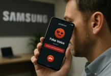 Fake voice detection concept: a hand holds a smartphone during a call while an on-device AI overlay scans the audio waveform and returns a subtle green verdict mark