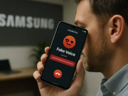 Your Phone Will Soon Spot the Fake Voice Before You Do Fake voice detection concept: a hand holds a smartphone during a call while an on-device AI overlay scans the audio waveform and returns a subtle green verdict mark